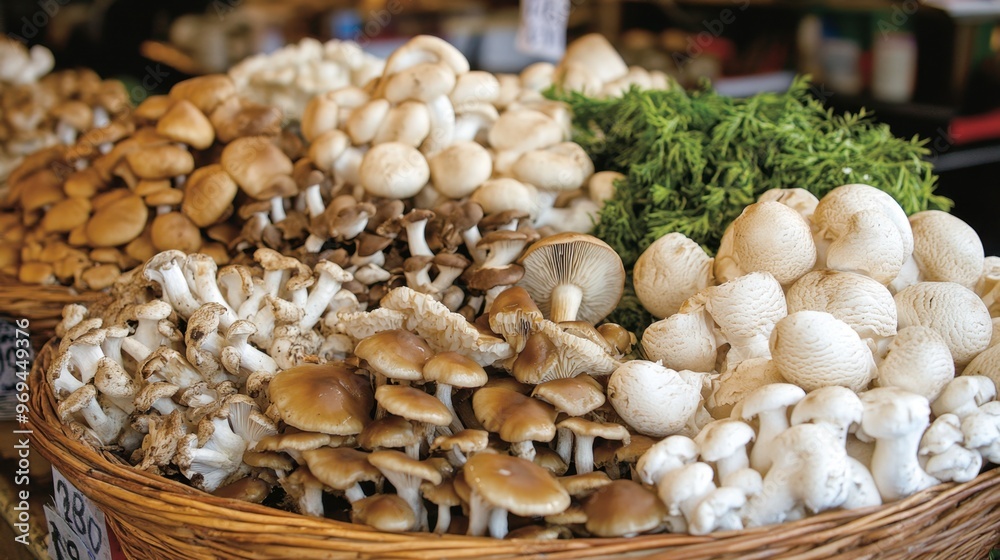 A basket of assorted edible mushrooms displayed at a farmer market, showcasing fresh varieties such as shiitake, oyster, and portobello. A basket of assorted edible mushrooms displayed at a farmer market, showcasing fresh varieties such as shiitake, oyster, and portobello.