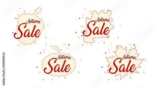 autumn sale set of badges on transparent background, leave and pumpkin and acron shape badges, fall season colors, isolated design element photo