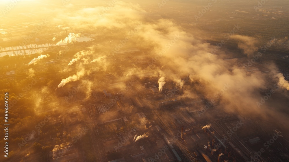 Aerial view of a thick layer of air pollution and dust in an industrial setting during the morning. Aerial view of a thick layer of air pollution and dust in an industrial setting during the morning.