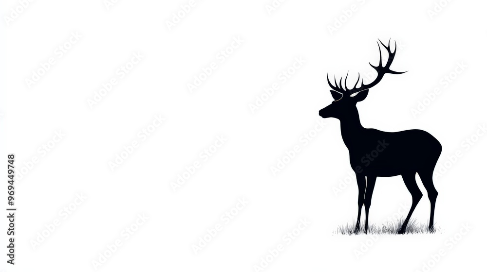 Silhouette of a majestic deer with large antlers standing in an open area, isolated on a white background. Silhouette of a majestic deer with large antlers standing in an open area, isolated on a white background.