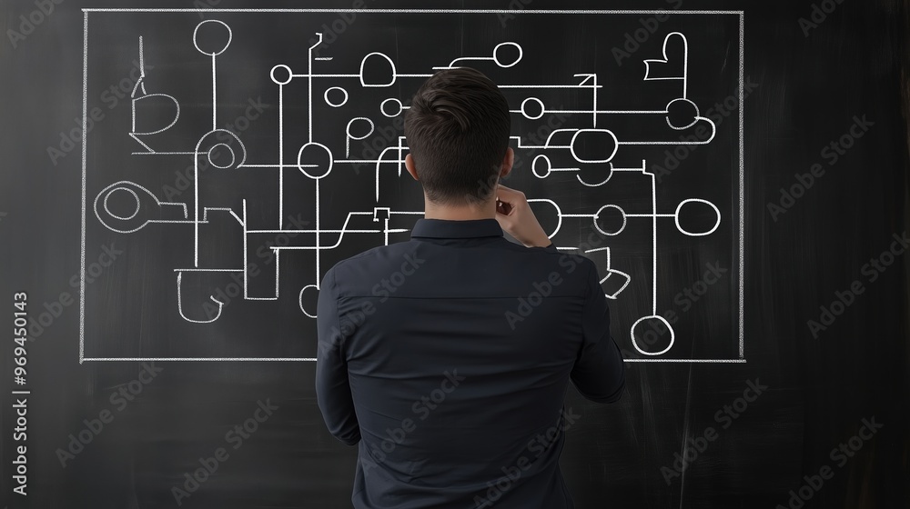 A man standing in front of a chalkboard with a detailed flowchart diagram, viewed from behind. The scene illustrates the concept of business strategy, planning, and problem-solving as the man analyzes A man standing in front of a chalkboard with a detailed flowchart diagram, viewed from behind. The scene illustrates the concept of business strategy, planning, and problem-solving as the man analyzes