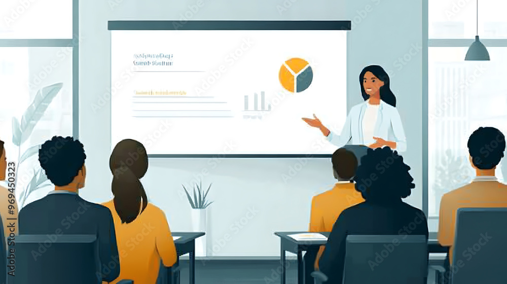 A woman is giving a presentation in front of a group of people