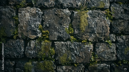 A close-up of a rough stone wall with moss growing in the crevices.