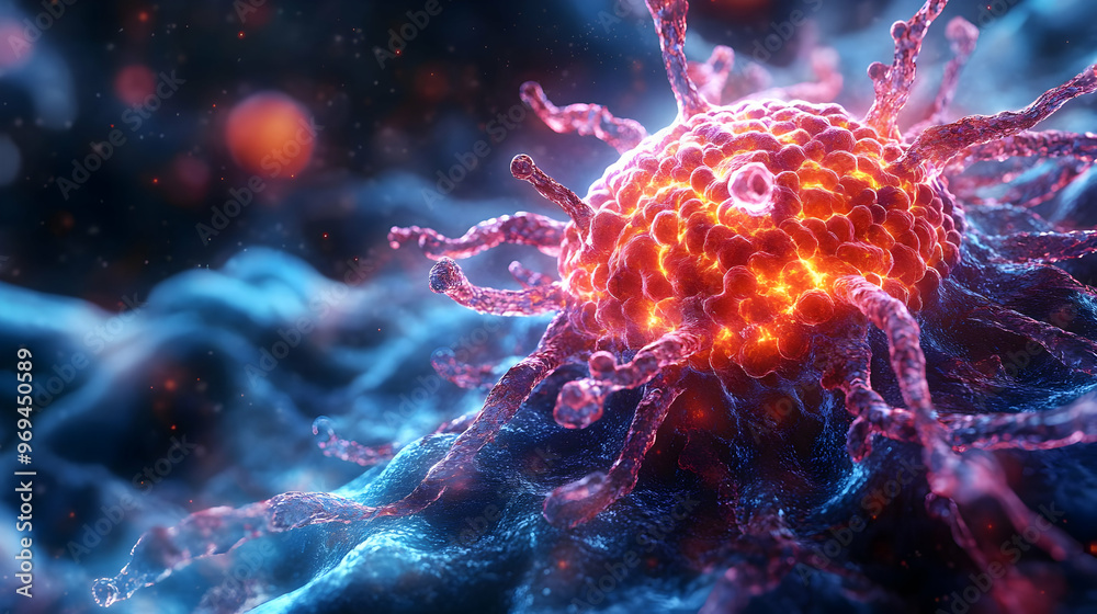 A vibrant depiction of a cancer cell in a microscopic view, showcasing its structure.
