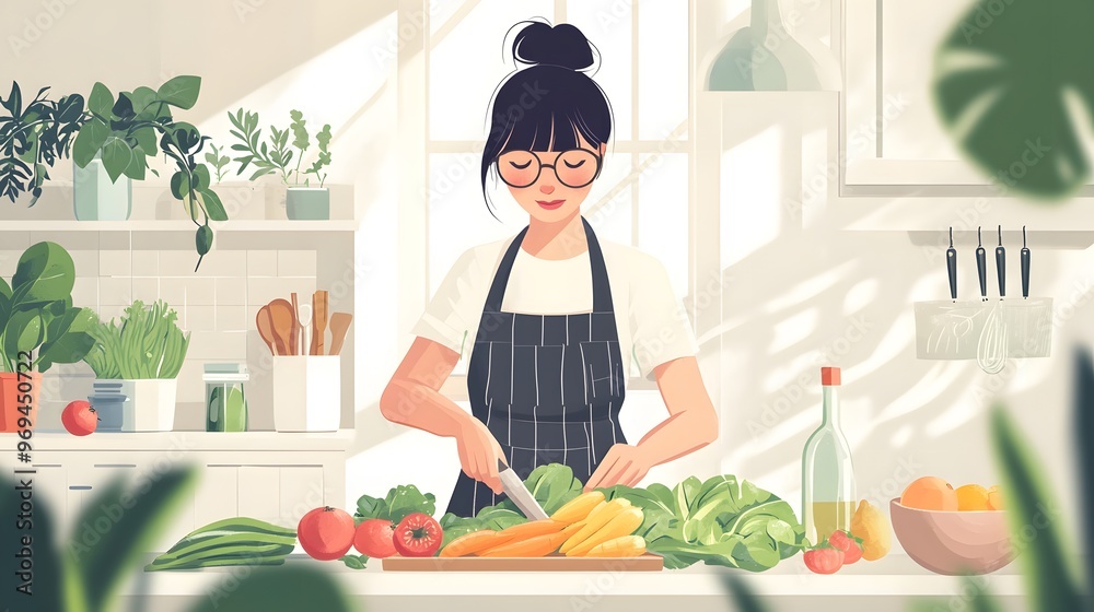A woman wearing an apron is preparing vegetables in the kitchen, surrounded by fresh ingredients and colorful fruits A woman wearing an apron is preparing vegetables in the kitchen, surrounded by fresh ingredients and colorful fruits