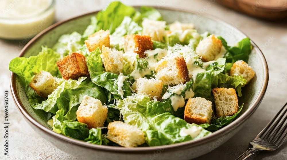 A bowl of classic Caesar salad with crisp romaine lettuce, croutons, parmesan cheese, and a creamy Caesar dressing, served with a fork on a clean, modern plate. A bowl of classic Caesar salad with crisp romaine lettuce, croutons, parmesan cheese, and a creamy Caesar dressing, served with a fork on a clean, modern plate.