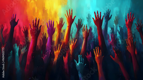A vibrant depiction of raised hands in various colors, symbolizing unity and expression.