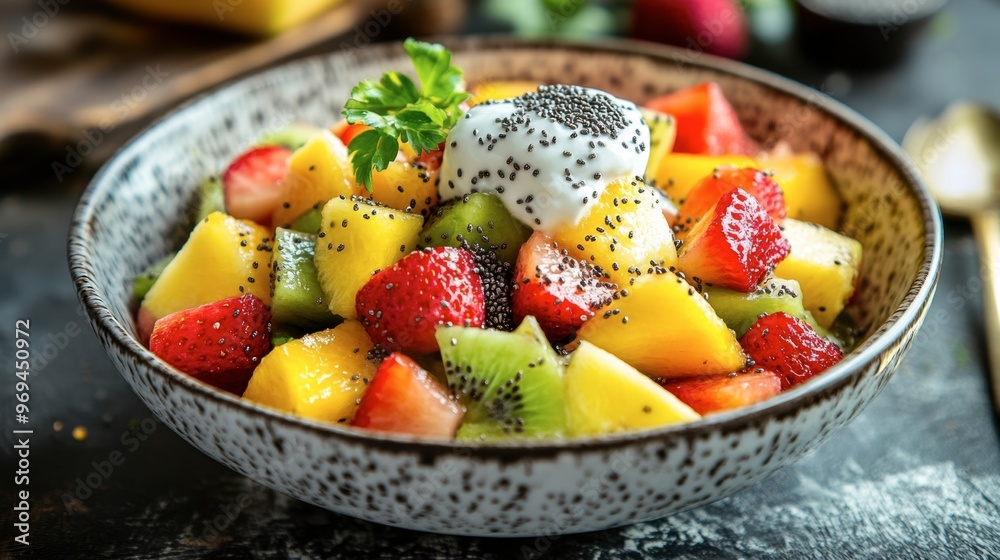 A bowl of fruit salad topped with a sprinkle of chia seeds and a dollop of yogurt, set against a rustic kitchen counter with a cheerful and healthy vibe. A bowl of fruit salad topped with a sprinkle of chia seeds and a dollop of yogurt, set against a rustic kitchen counter with a cheerful and healthy vibe.