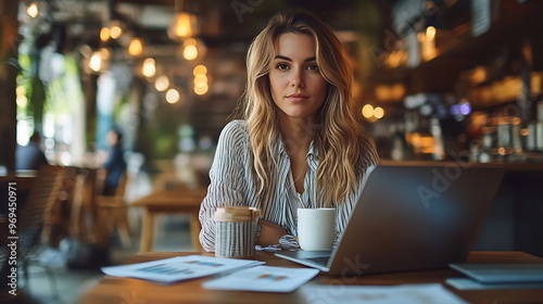 A woman is sitting at a table with a laptop and a cup of coffee