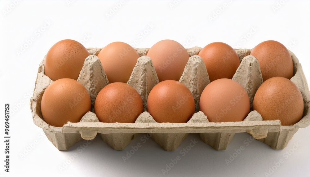 A neatly arranged open carton with a dozen brown eggs inside A neatly arranged open carton with a dozen brown eggs inside