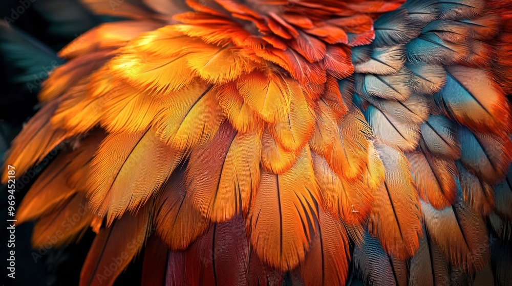 Obraz premium A close-up of a chicken's vibrant feathers, highlighting the intricate patterns and rich colors, with soft natural lighting to emphasize the textures.