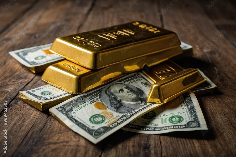 Money and gold bars lie on the floor Money and gold bars lie on the floor