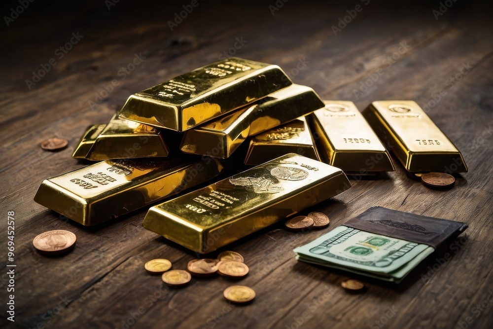 Money and gold bars lie on the floor Money and gold bars lie on the floor
