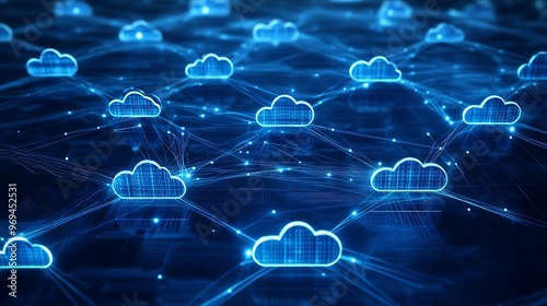 Illuminated Cross-Connected Cloud Servers in Digital Network on Dark Background