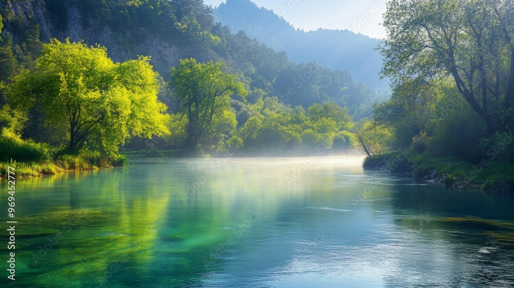 Obraz premium Serene River Tranquillity: A Breathtaking Landscape with a Beautiful River Charming Air and Lush Trees Creating an Enchanting Scene of Natures Beauty and Tranquillity