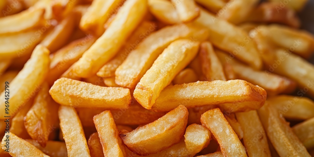 Heap of golden, crispy French fries, perfect for a snack, showcasing their appetizing texture and rich color. Heap of golden, crispy French fries, perfect for a snack, showcasing their appetizing texture and rich color.