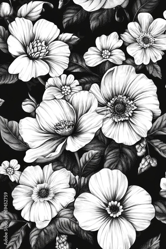 Black and White Flowers on Black Background