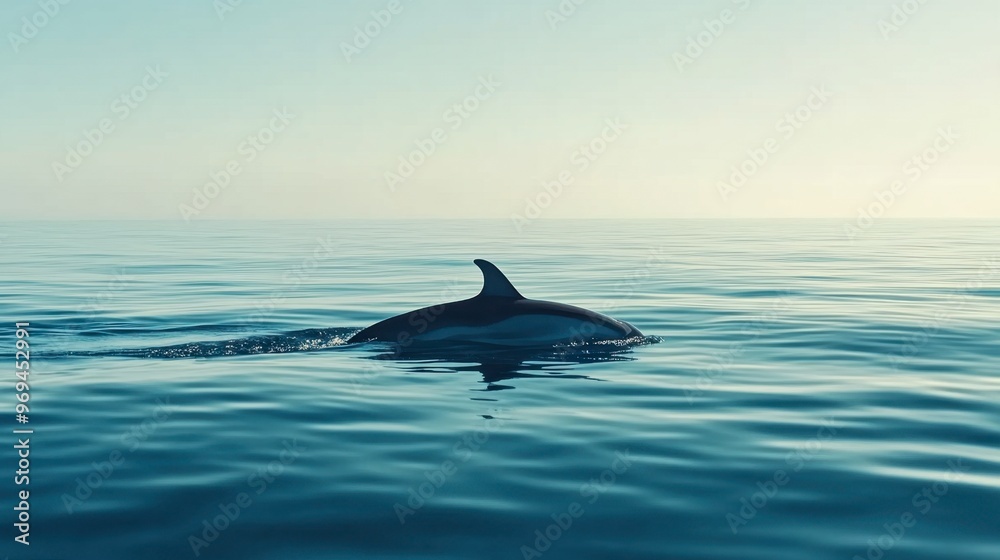 Fototapeta premium A close-up of a dolphin dorsal fin cutting through the calm sea, with the vast horizon in the background, symbolizing freedom.