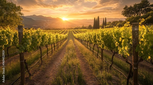 Journey through a lush vineyard at sunset, with rows of grapevines stretching out into the distance under a golden sky.