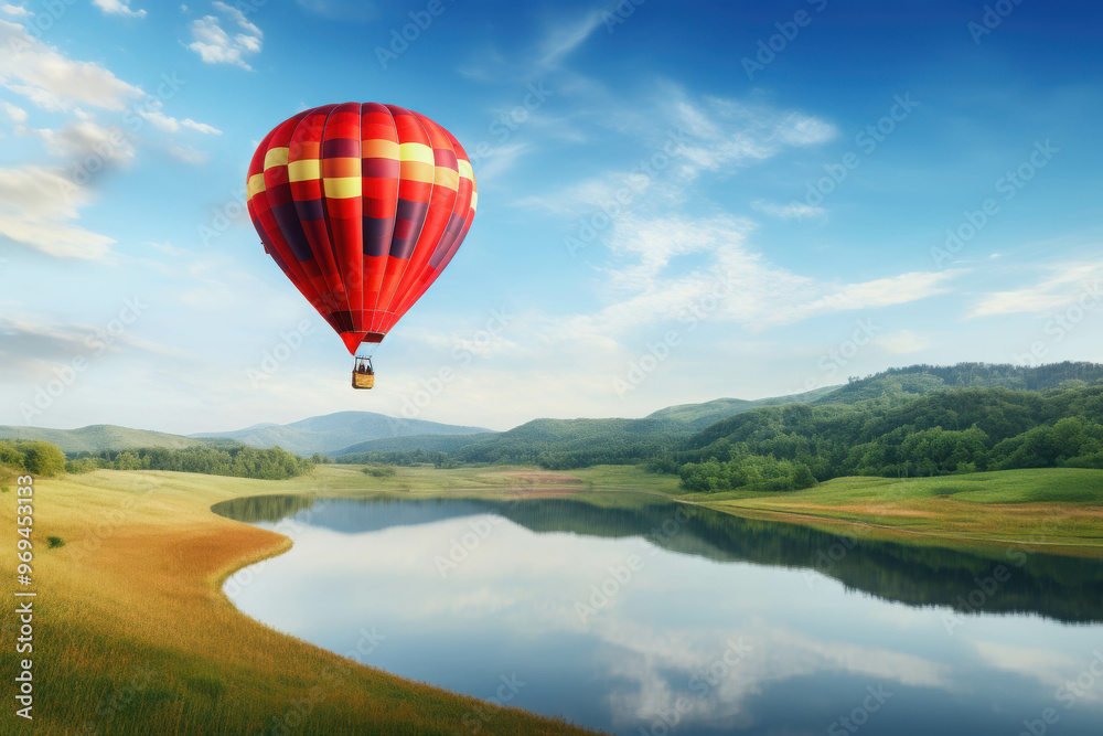 Red Hot Air Balloon Soaring Over Lush Green Fields 