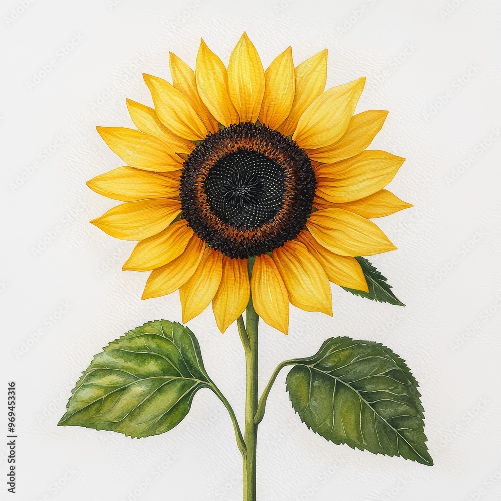Naklejka premium Detailed Watercolor Sunflower Painting on White Background - High-Quality Floral Illustration for Stock Imagery