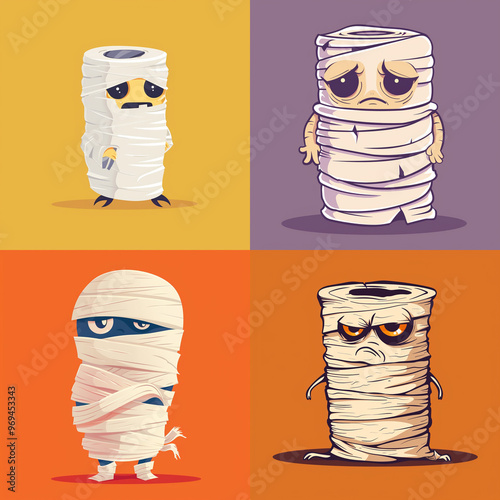 grumpy mummy , toilet paper.gave up,haloween, Desktop background. Cartoon art style. miminalist art style, flat color simple photo