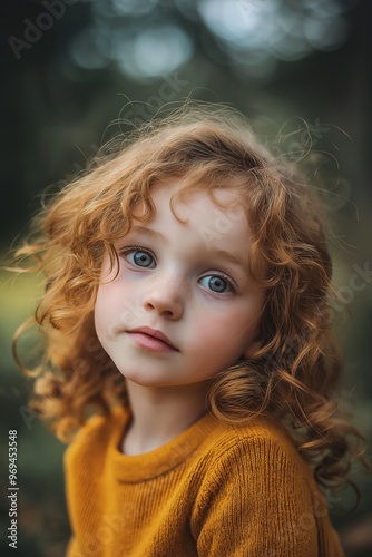 A young child with curly red hair and big blue eyes, wearing a mustard yellow sweater, looks directly ahead.