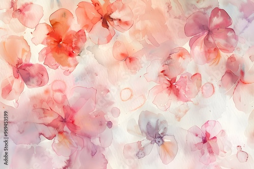 A vibrant watercolor painting featuring a profusion of delicate pink and peach blossoms, creating a harmonious and uplifting symphony of color. The artwork.