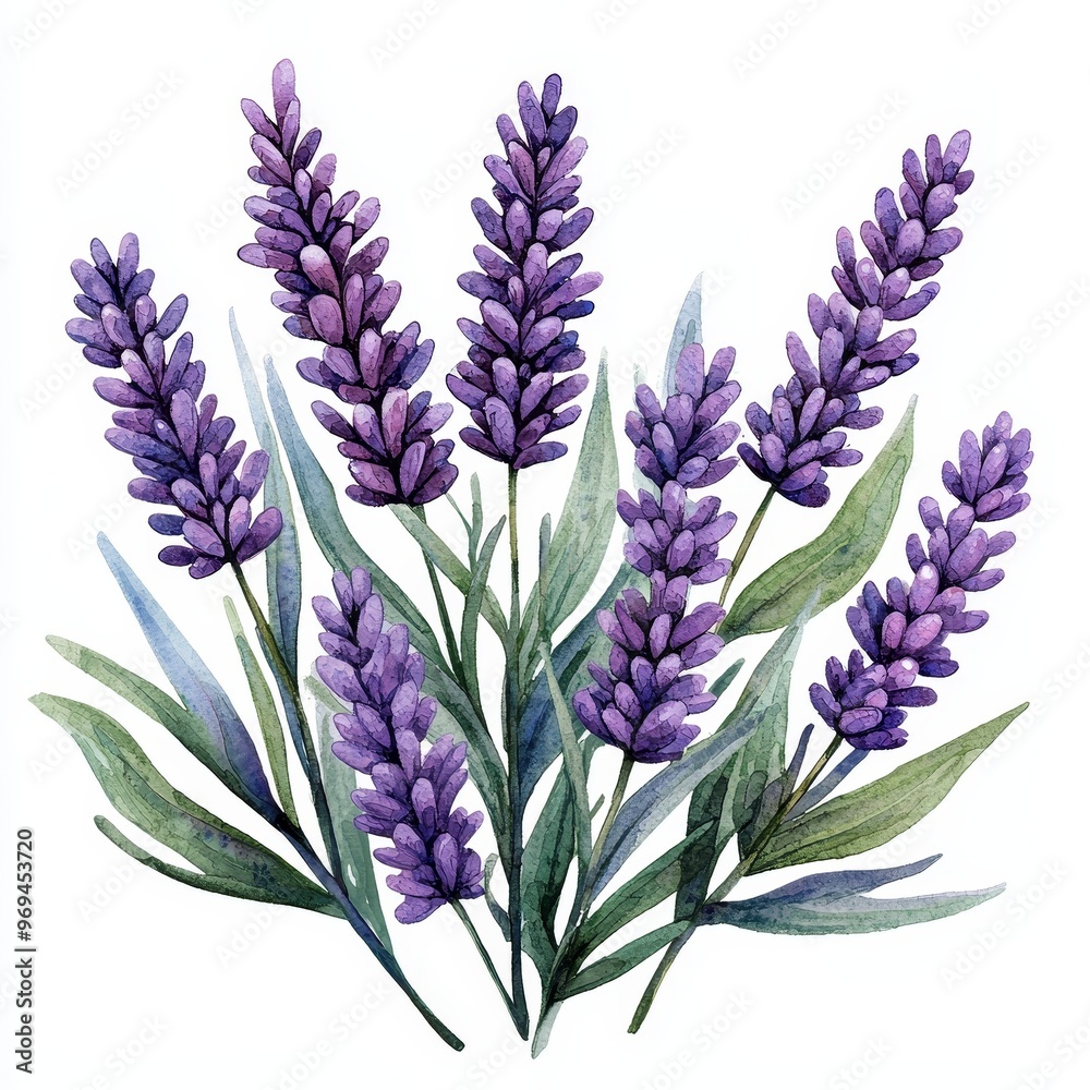 Fototapeta premium Exquisite Watercolor Lavender Illustration on White Background - High Detail Botanical Artwork for Stock Photos
