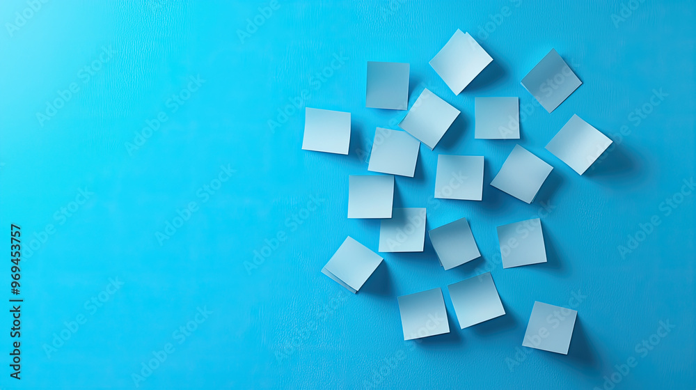 Fototapeta premium Collection of blank sticky notes on a vibrant blue background, perfect for planning, organizing, or brainstorming ideas.