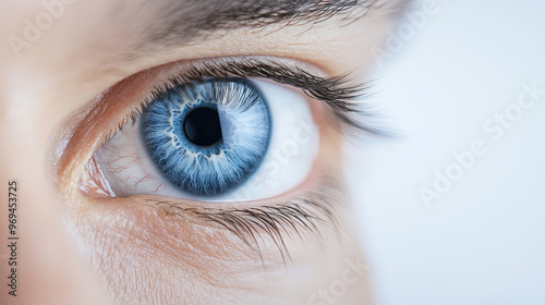 Close-up view of a beautiful blue eye showcasing detailed iris patterns and eyelashes in a soft light setting.