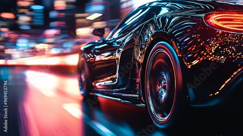 Dynamic shot of a sleek black sports car in motion, showcasing its design against a vibrant, blurred city backdrop.