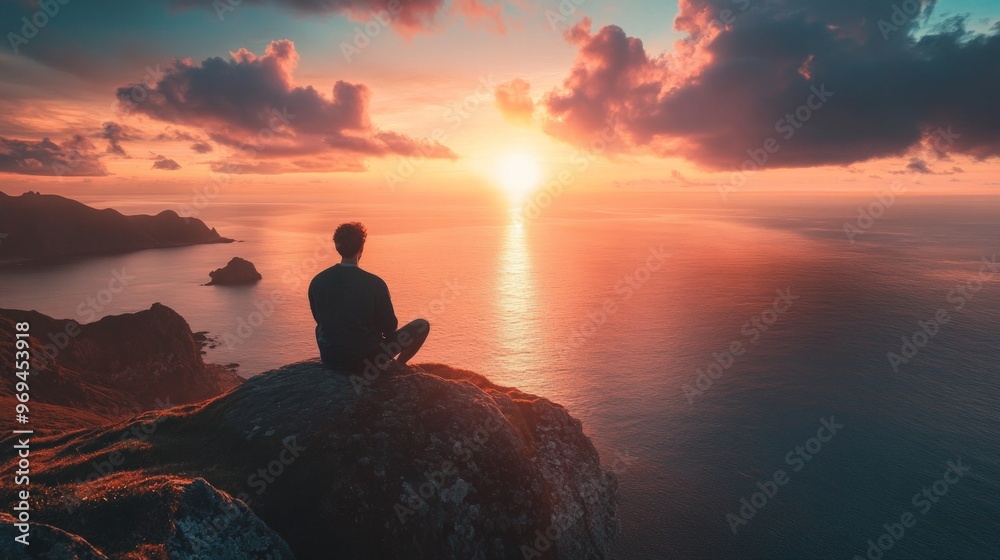 Solo traveler sitting on a rocky outcrop, watching the sun set over a vast, tranquil ocean. Solo traveler sitting on a rocky outcrop, watching the sun set over a vast, tranquil ocean.