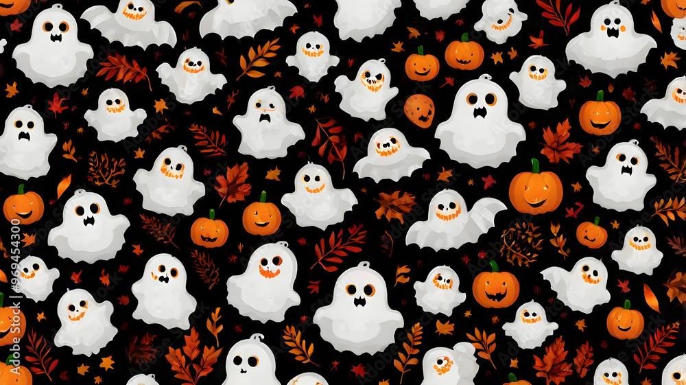 Cartoon seamless pattern with Halloween eggs and pumpkins, perfect for vector illustration, funny animal art, design, and holiday wallpaper Cartoon seamless pattern with Halloween eggs and pumpkins, perfect for vector illustration, funny animal art, design, and holiday wallpaper