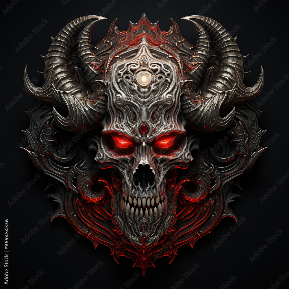 Fototapeta premium The skull of a demon with horns and red fire