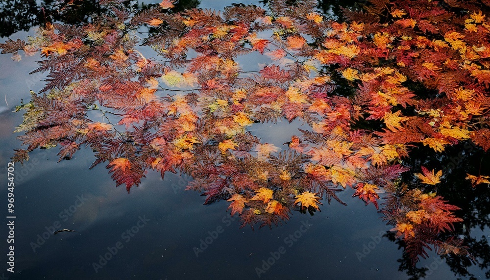 serene scene of autumn leaves floating on the surface of a dark, reflective body of water. serene scene of autumn leaves floating on the surface of a dark, reflective body of water.