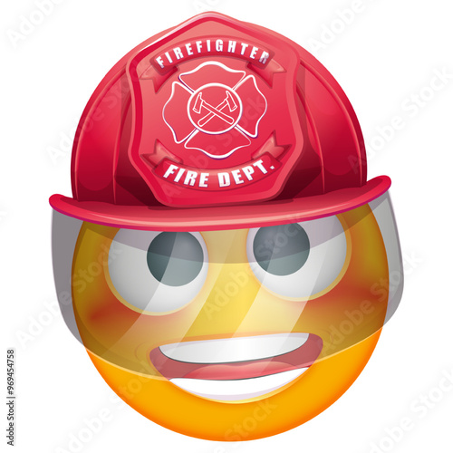 Emoji fireman on white background. Emoticon with fire helmet. Cute emoticon.