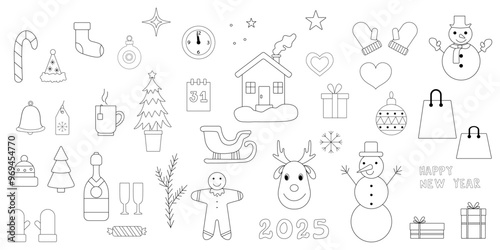 Christmas objects set, outline drawing. Isolated on white background. Collection of Christmas festive elements in hand-drawn style. Vector design element for coloring and christmas decor. 
