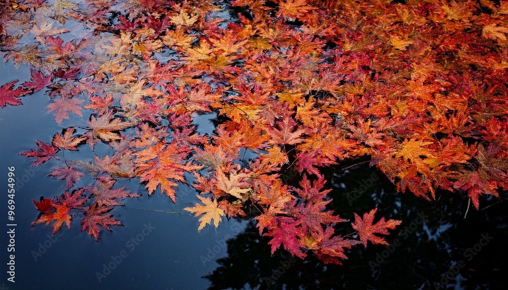 serene scene of autumn leaves floating on the surface of a dark, reflective body of water. serene scene of autumn leaves floating on the surface of a dark, reflective body of water.