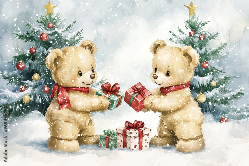 Two adorable teddy bears exchange gifts in a snowy winter scene, surrounded by Christmas trees and festive decorations. Two adorable teddy bears exchange gifts in a snowy winter scene, surrounded by Christmas trees and festive decorations.