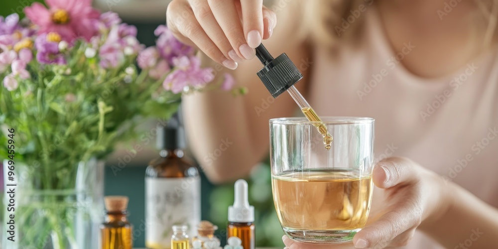 Fototapeta premium A close-up of a woman holding a dropper of homeopathic oil over a glass of water, with remedies arranged in the background