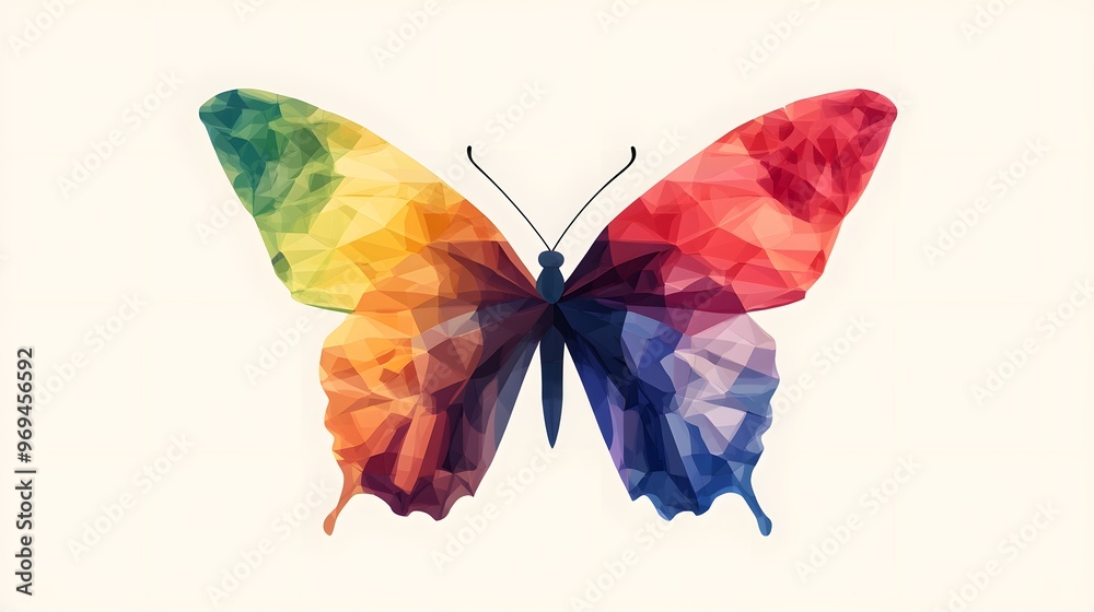 Obraz premium A 2D flat abstract butterfly with oversized, geometric wings in vivid rainbow colors, fluttering over a minimal background