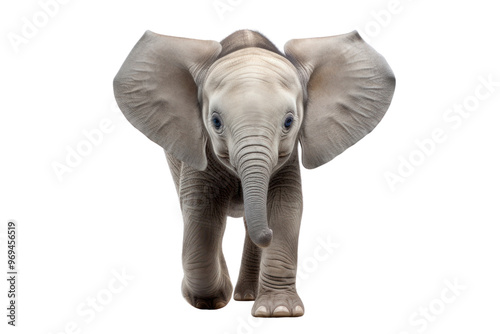 Elephant calf resting on its front legs, looking up isolated on white background photo