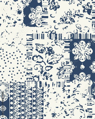 Tropical leaf hibiscus flowers Hawaiian tribal element patchwork wallpaper abstract grunge vector seamless pattern for fabric shirt pillow tablecloth towel wrapping