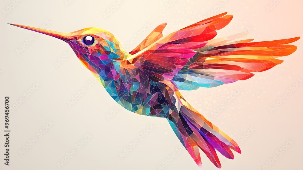 Obraz premium An abstract 2D flat depiction of a hummingbird mid-flight, with a colorful body made of geometric patterns and vibrant gradients