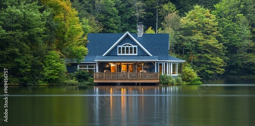 A cozy cabin with a wooden deck sits on the edge of a tranquil lake, surrounded by lush green trees.
