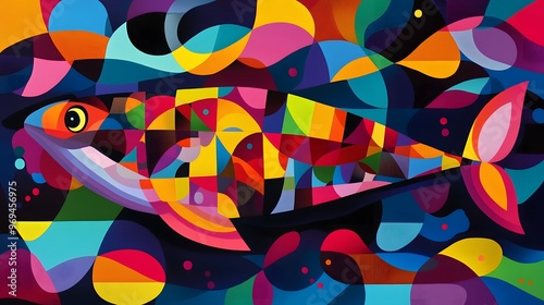 A playful 2D flat abstract whale swimming through a sea of colorful geometric shapes, its body full of bright, bold patterns photo