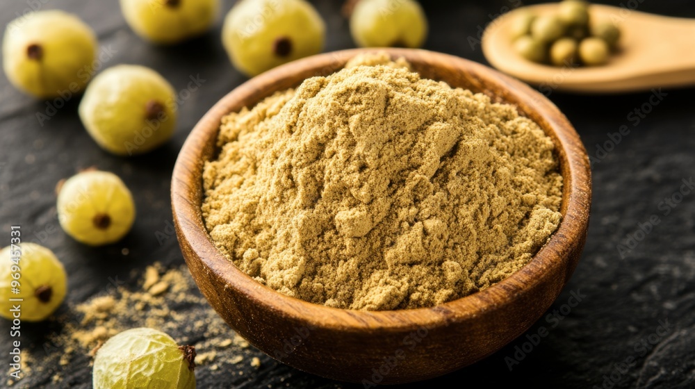 A close-up of Indian gooseberry powder in a small bowl, with whole fruits and a wooden spoon for context, emphasizing its use in supplements and natural remedies. A close-up of Indian gooseberry powder in a small bowl, with whole fruits and a wooden spoon for context, emphasizing its use in supplements and natural remedies.