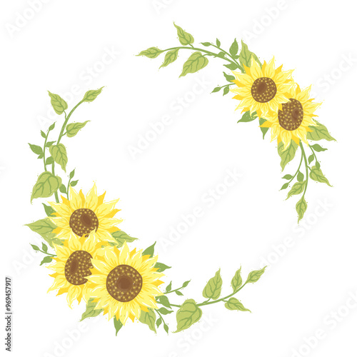 Set of beautiful sunflower decorative wreath in romantic hand drawing rustic pencil line style photo