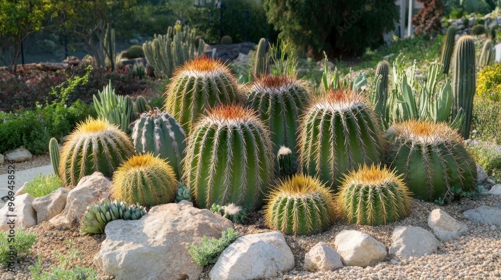 A cluster of different species of cacti in a botanical garden, displaying a variety of shapes, sizes, and colors, all thriving in the arid environment. A cluster of different species of cacti in a botanical garden, displaying a variety of shapes, sizes, and colors, all thriving in the arid environment.